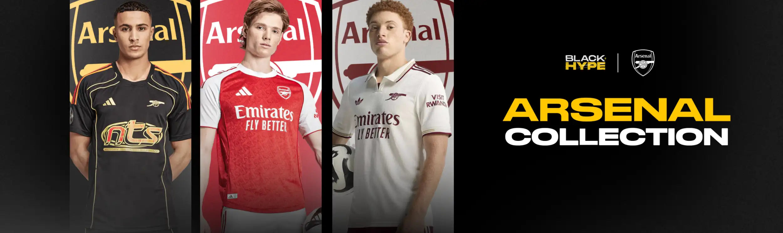 Arsenal football jerseys in black, red, and white with ’emirates fly better’ sponsorship.