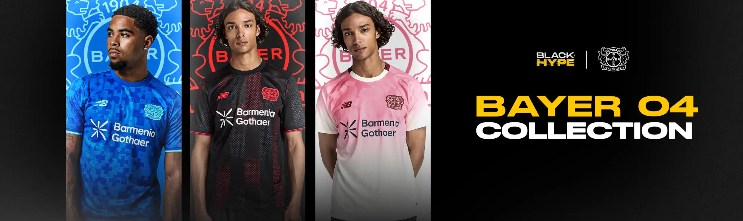 Bayer 04 munich soccer jerseys in blue, black-red, and pink-white with ’barmenia gothaer’ sponsorship logo.
