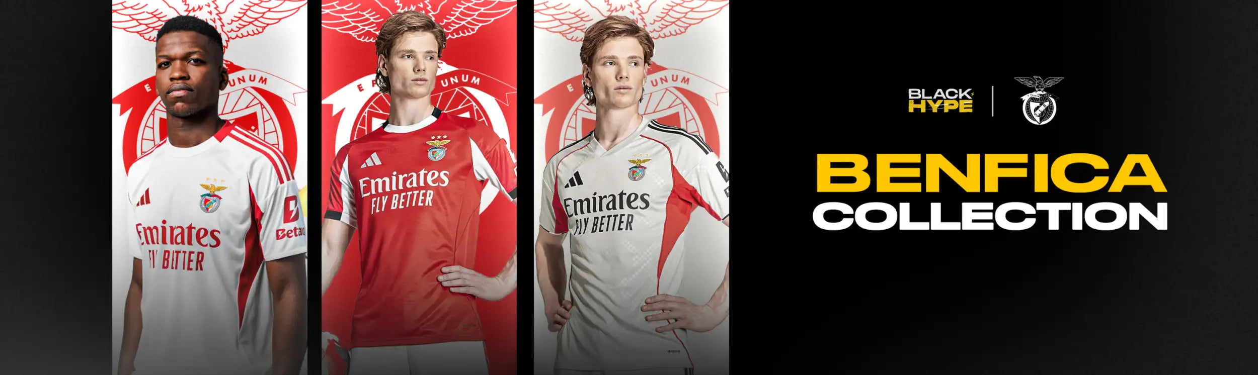 The benfica collection soccer jerseys feature bold red and white designs with the emirates logo prominently displayed across the chest.