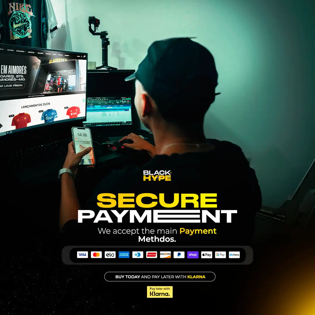 Black hype advertisement featuring a man in a black cap and shirt browsing online, with payment options displayed prominently.