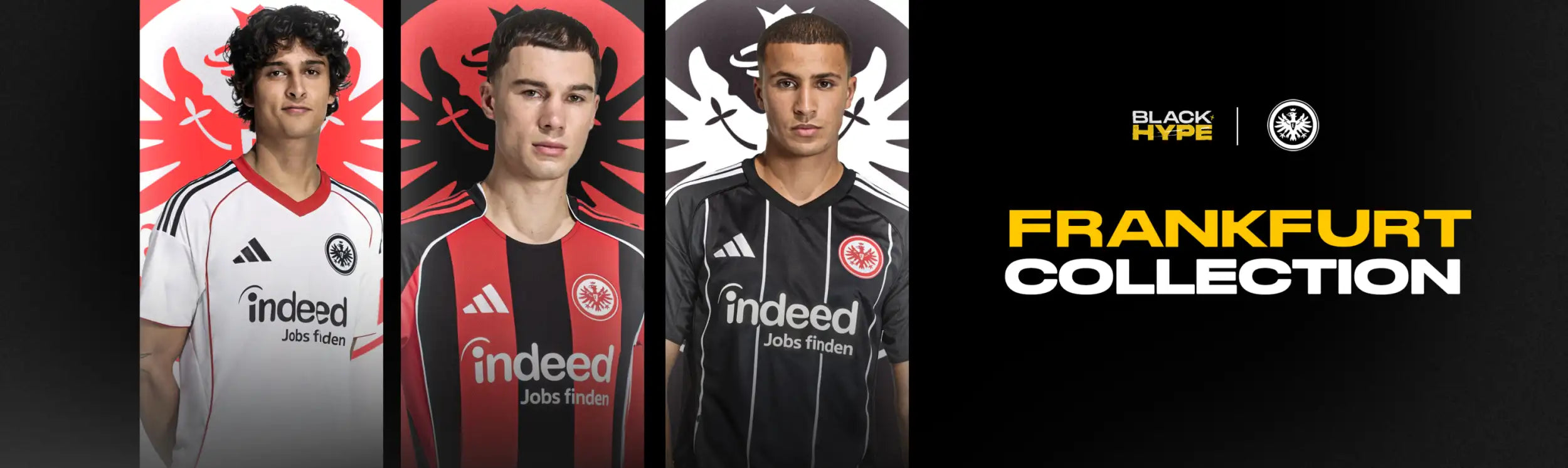 Black and white football jerseys featuring the frankfurt club crest, adidas branding, and ’indeed’ sponsorship.