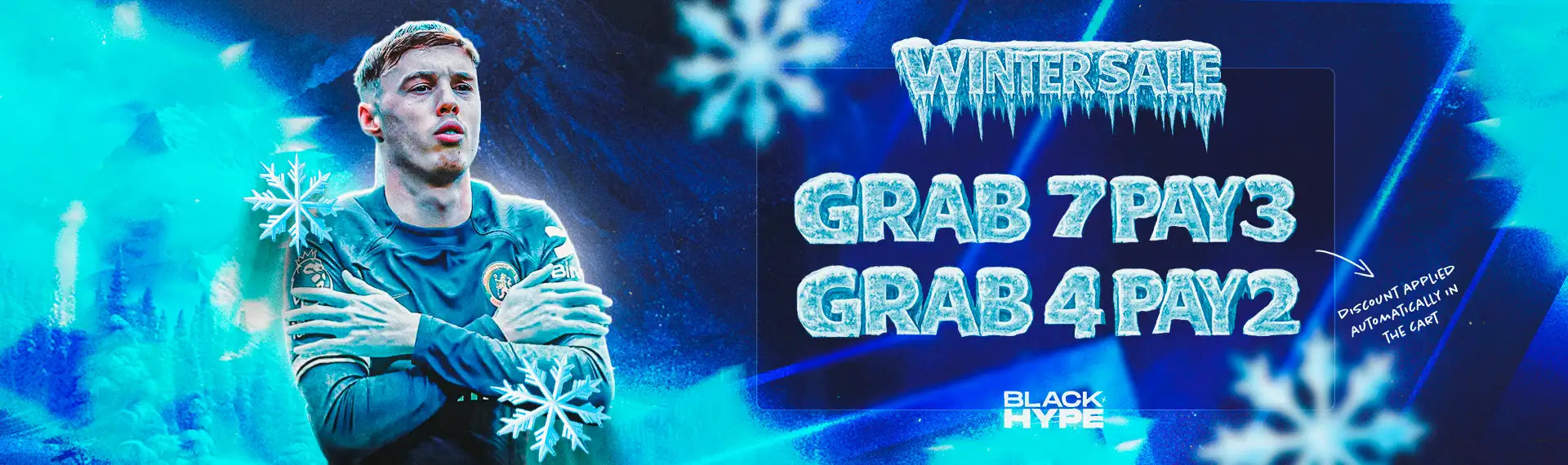 A blue winter-themed promotional banner featuring a football player in an icy design with ’wintersale’ and discount offers.