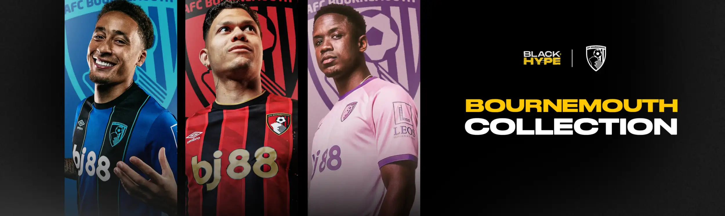 Bournemouth football jerseys in blue, red and black stripes with pink accents.