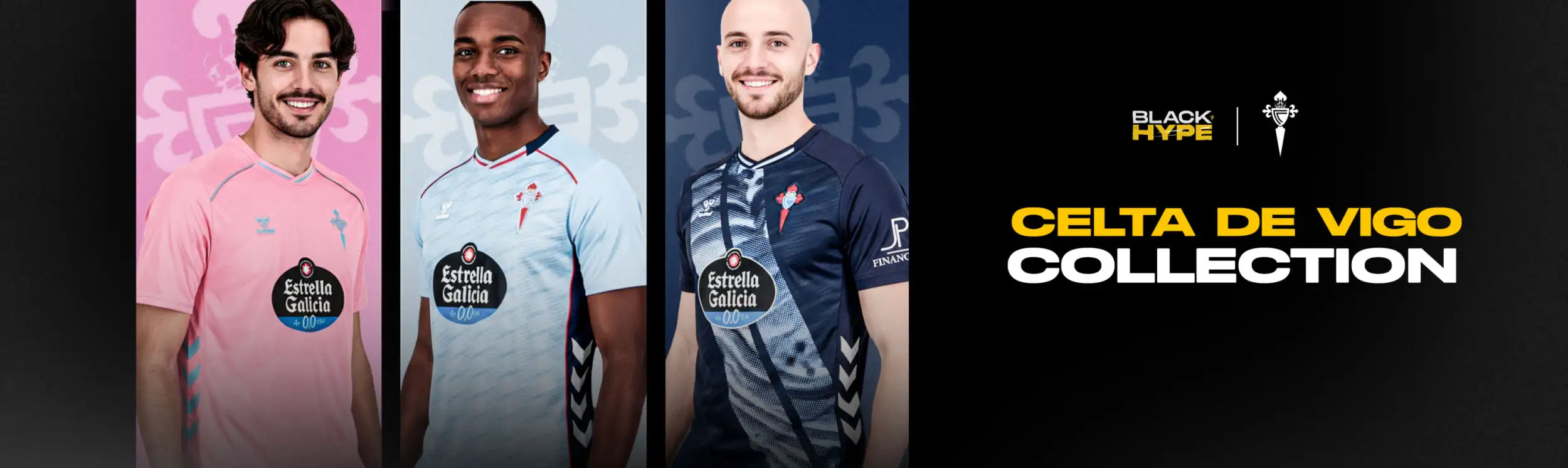 The celta de vigo collection jerseys feature gradient pink, light blue, and dark navy designs with white trim and the estrella galicia logo prominently displayed on each.