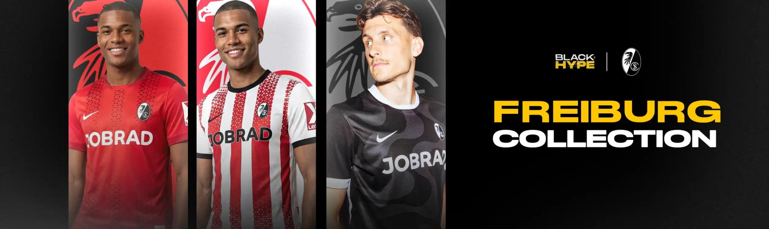 The freiburg collection soccer jerseys feature bold red, white and black designs with the jobrad sponsor logo prominently displayed across the chest.