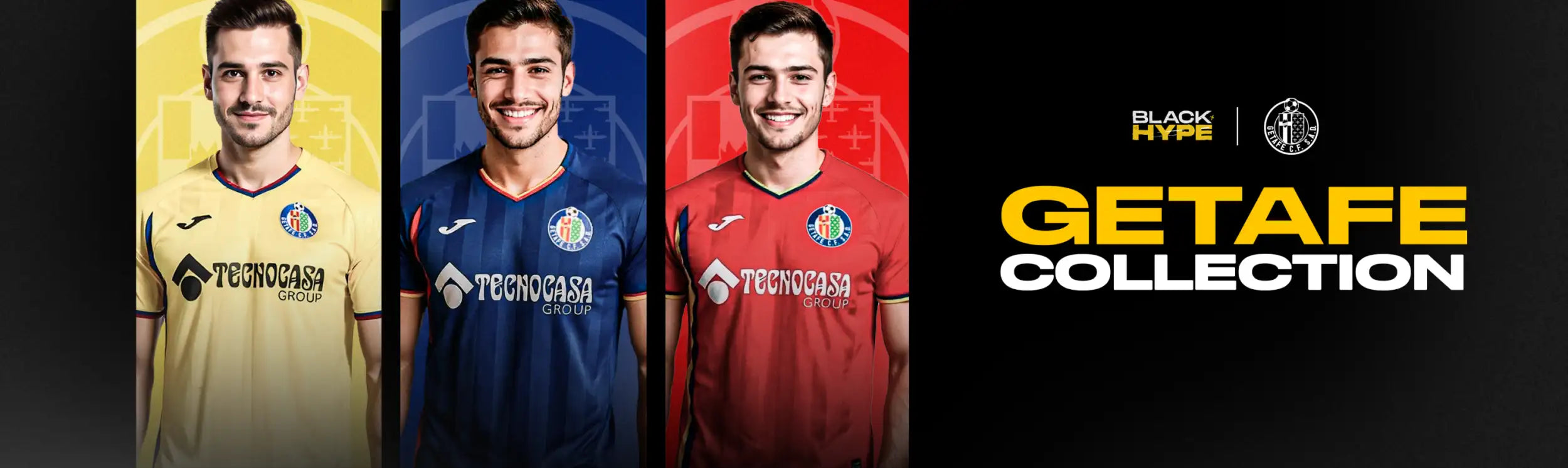 The getafe collection soccer jerseys in yellow, blue, and red feature the tecnocasa group logo on the chest.