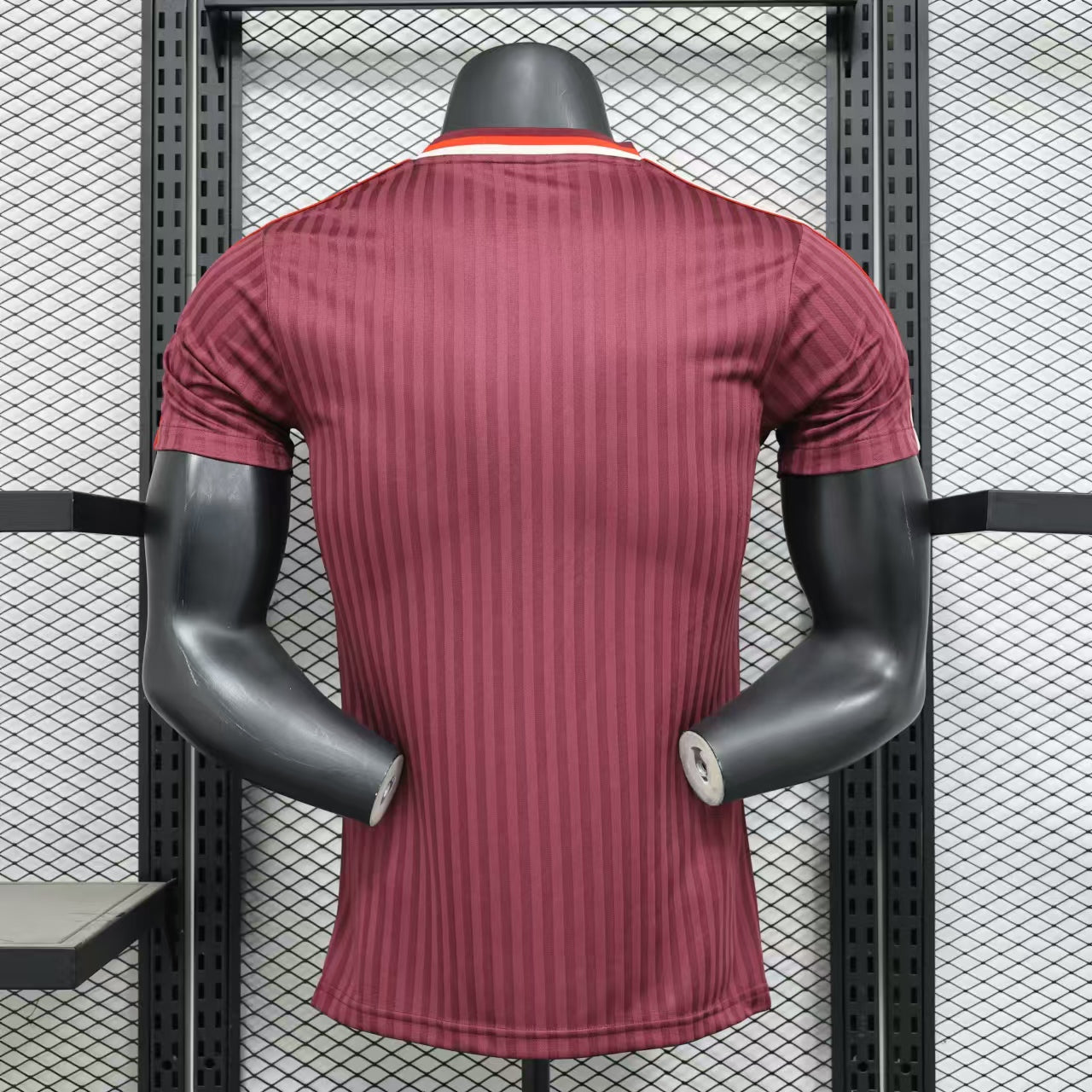 Maroon striped Bayern Munich 125th anniversary soccer jersey front