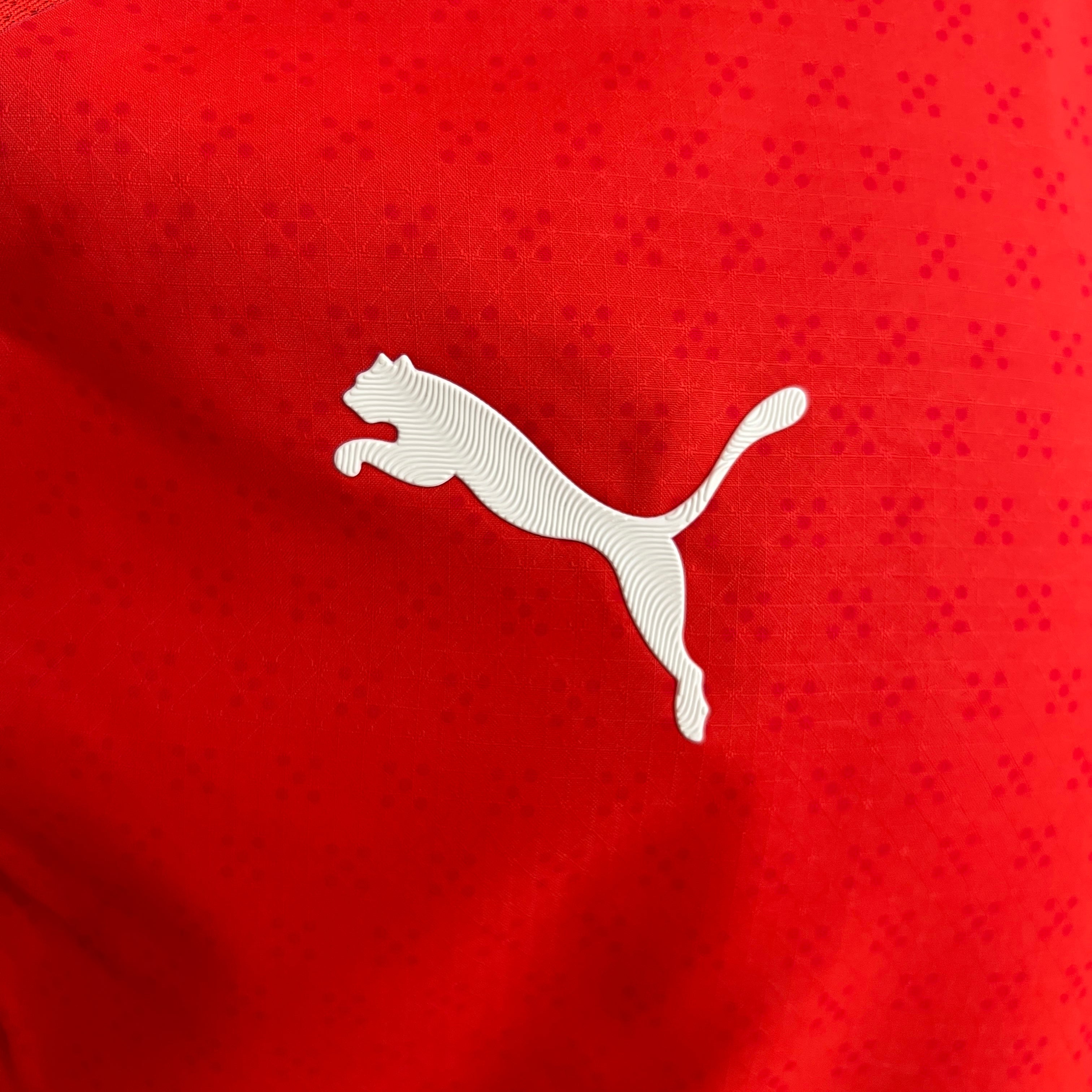 White Puma logo embroidered on red Portugal 25/26 home jersey fabric