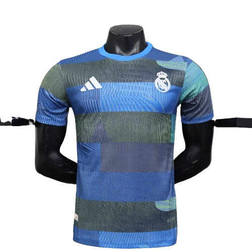 Blue green striped Real Madrid 25/26 player training jersey with Adidas