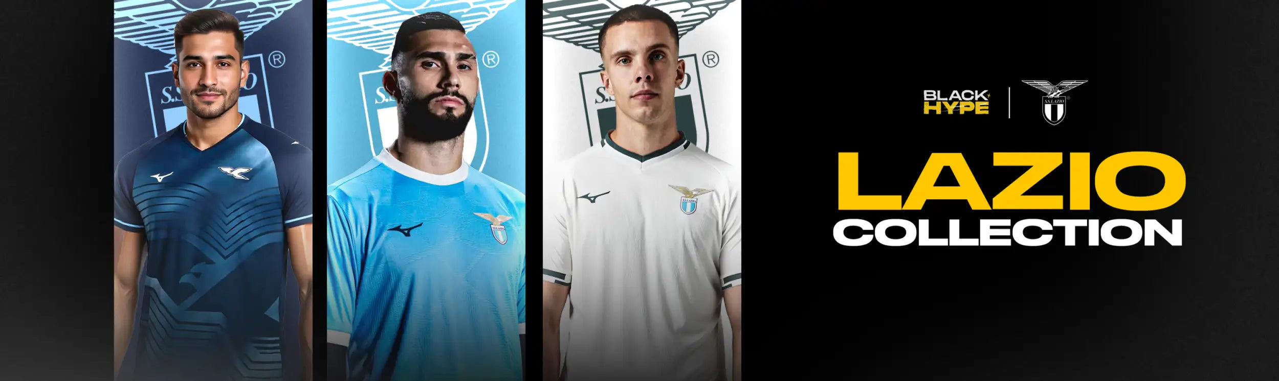 The lazio collection soccer jerseys feature sleek, modern designs in navy blue, light blue gradient, and white with subtle geometric patterns and the club’s emblem.