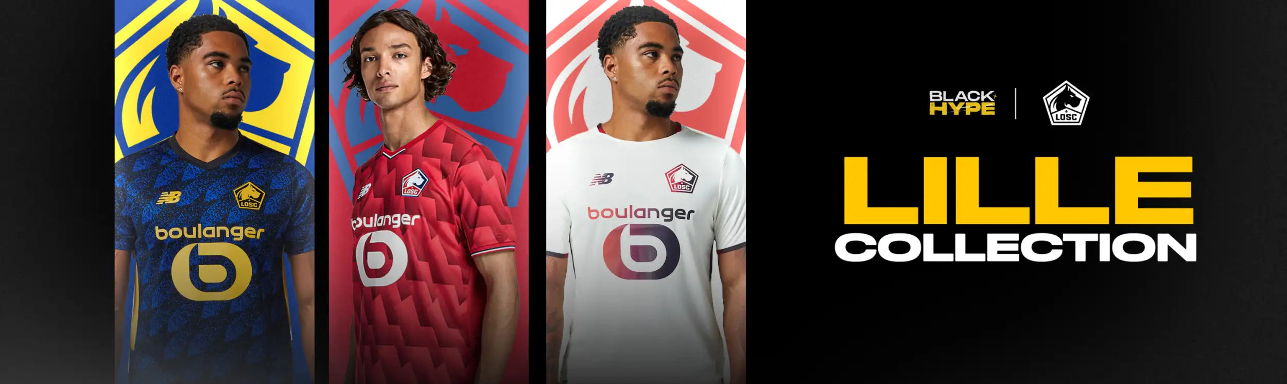 The lille collection soccer jerseys feature bold, vibrant colors and a textured pattern with the new balance logo prominently displayed on each.
