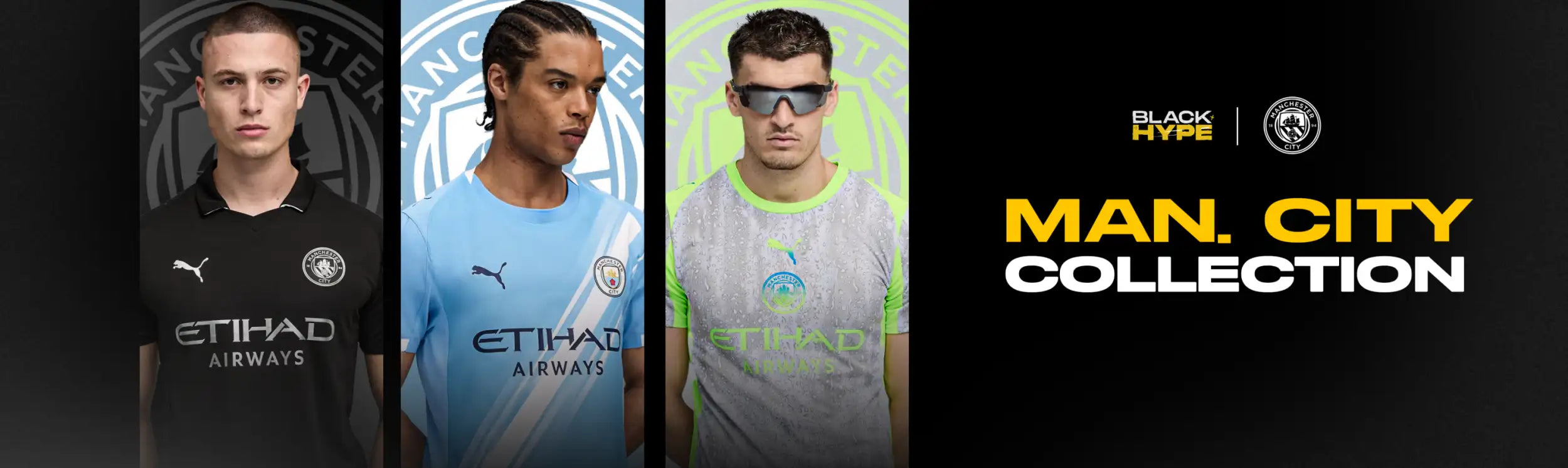 Manchester city football jerseys in black, light blue, and grey with green accents.