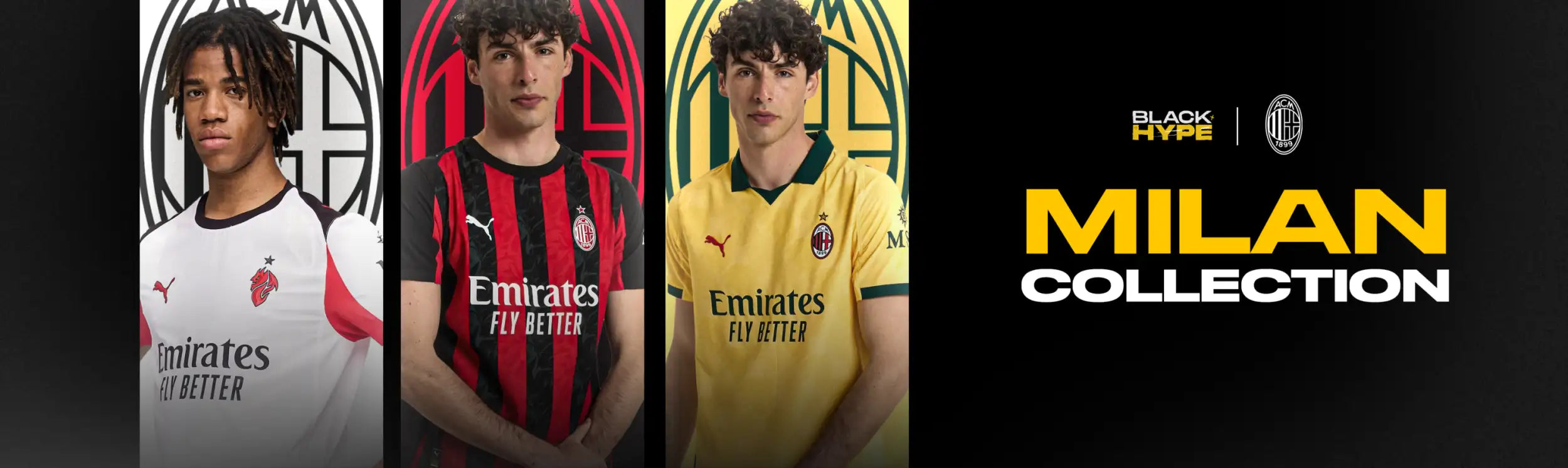 Milan collection soccer jerseys in white, red and black stripes, yellow with green accents, featuring puma branding and emirates sponsorship.