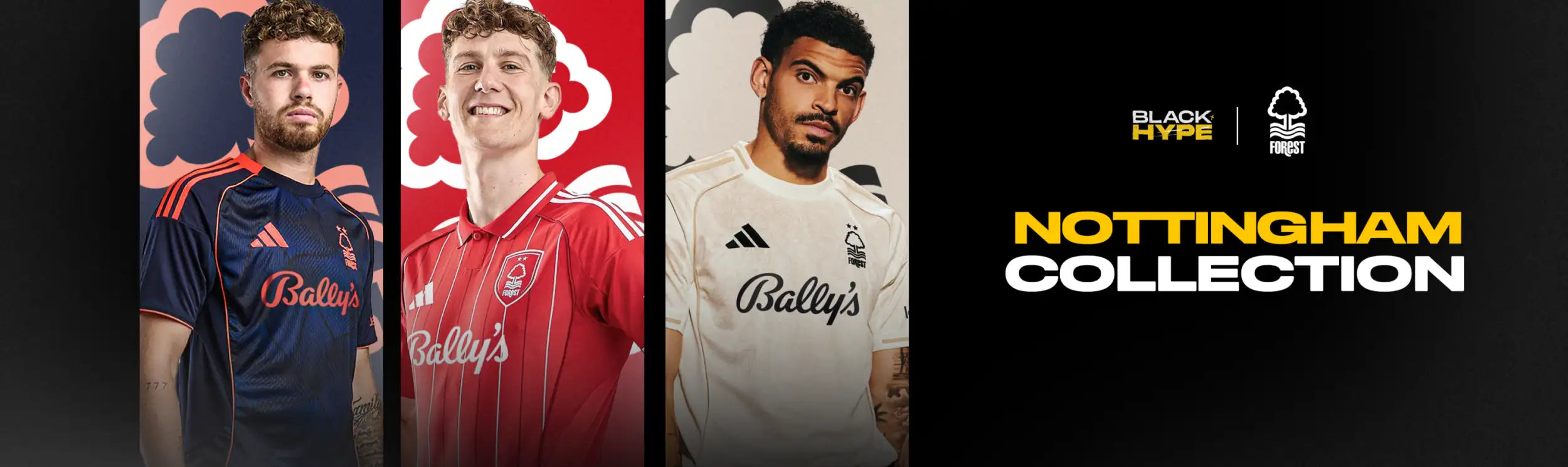 Nottingham forest football jerseys in navy, red, and white with ’bally’s’ sponsorship logo.