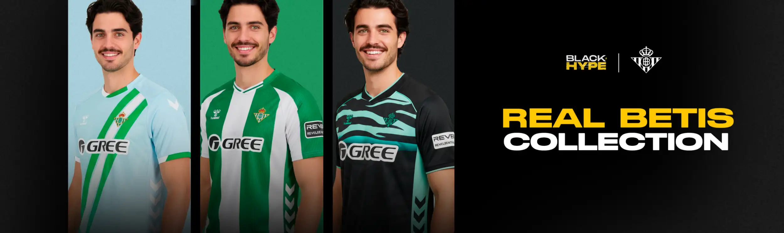 The real betis collection jerseys feature bold green and white vertical stripes on the light blue, solid green, and black designs with matching teal accents.