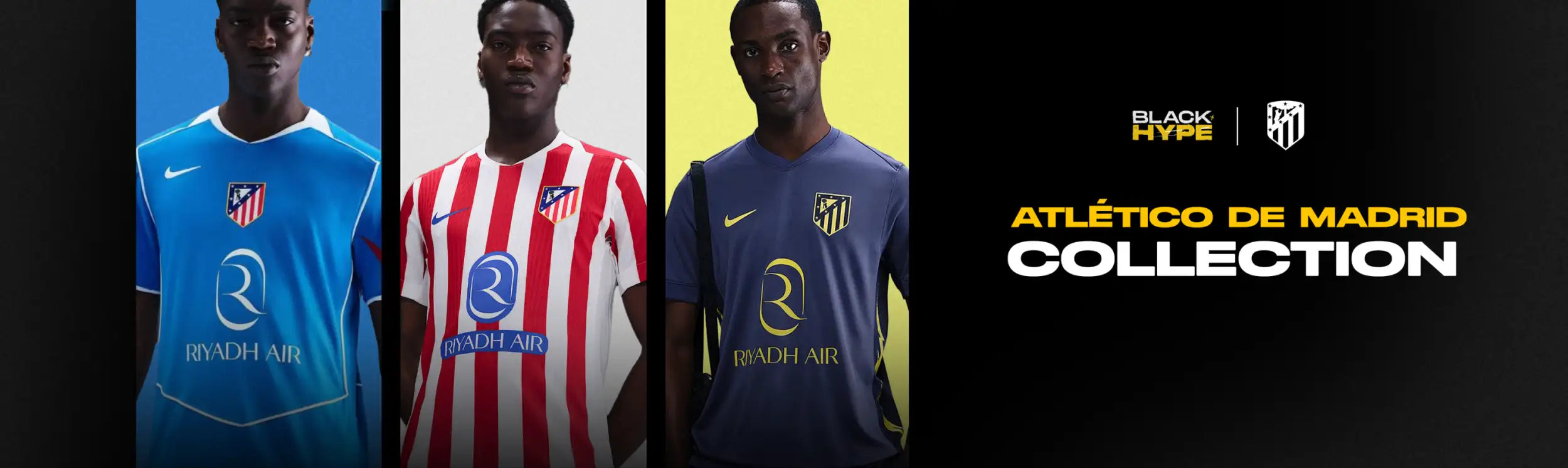 Three atlético de madrid football jerseys from the black hype collection, featuring blue, red-and-white striped, and navy designs with ryadh air sponsorship.