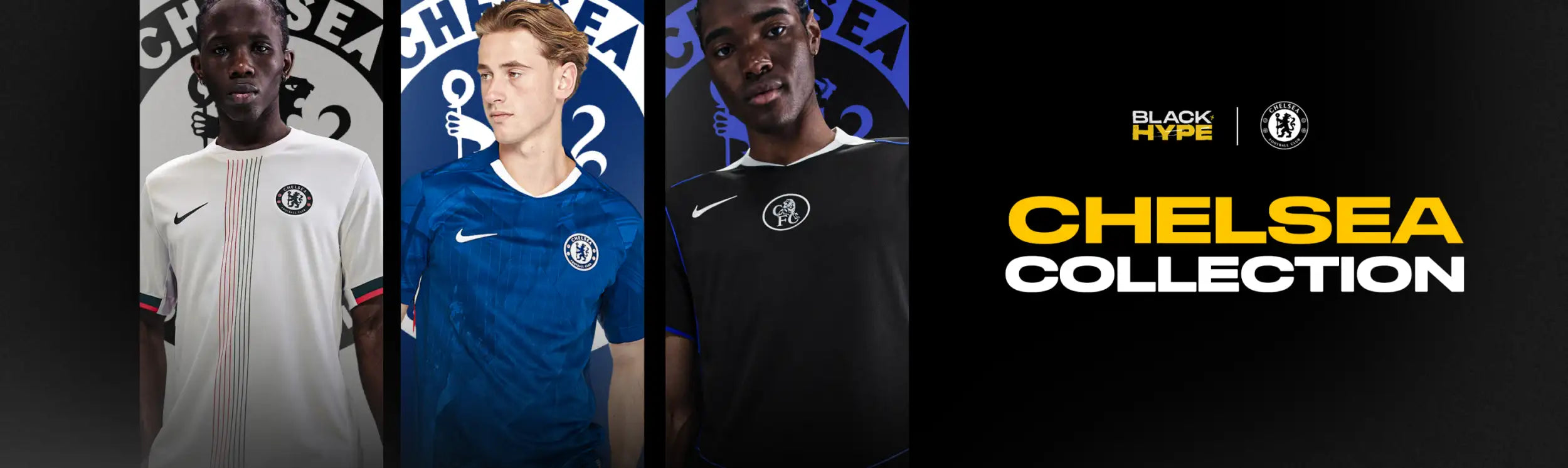 Three chelsea football jerseys in white, blue, and black with nike logos and club crest designs.