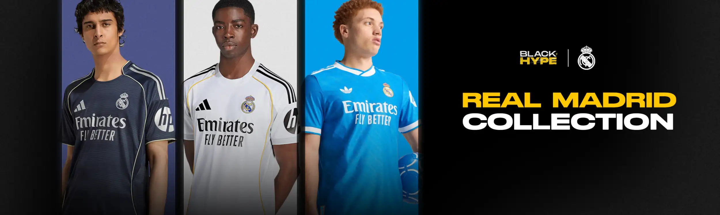 Three football players modeling real madrid jerseys from the black hype collection, featuring navy blue, white, and light blue designs with ’emirates fly bitter’ sponsorship.