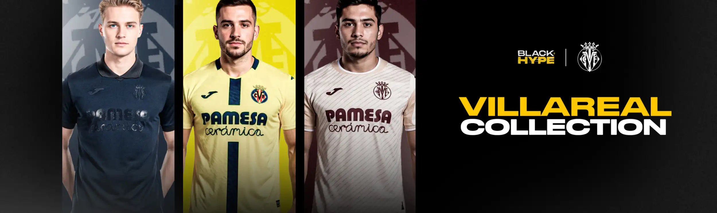 Villarreal collection soccer jerseys in navy, yellow, and white with ’pamesa cerámica’ sponsorship logos.