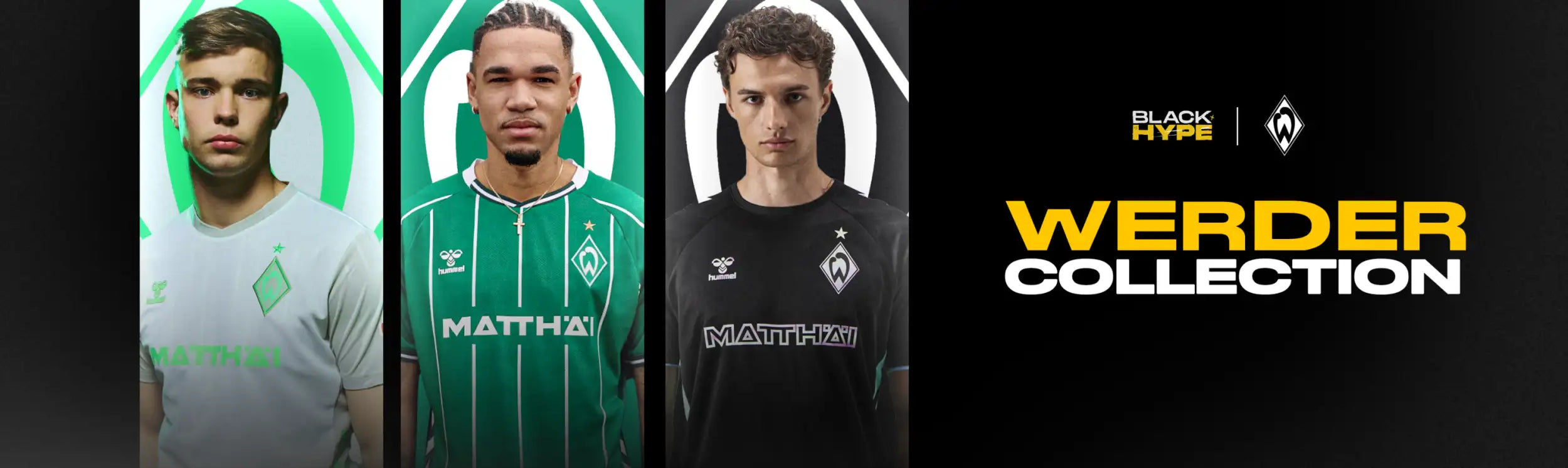 The werder bremen collection features three distinct soccer jerseys — a white, green-striped, and black jersey with the club’s diamond logo prominently displayed on each.