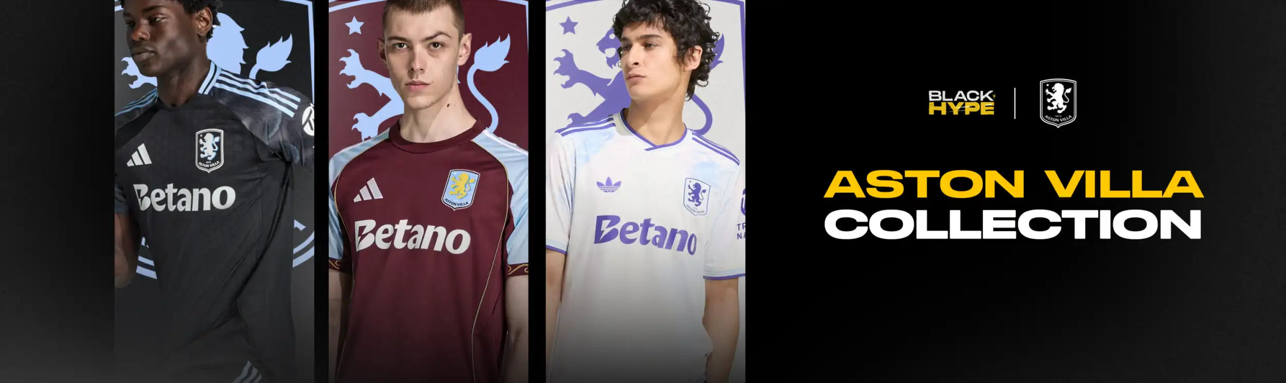 Aston villa football jerseys in black, maroon, and white with the betano sponsor logo.