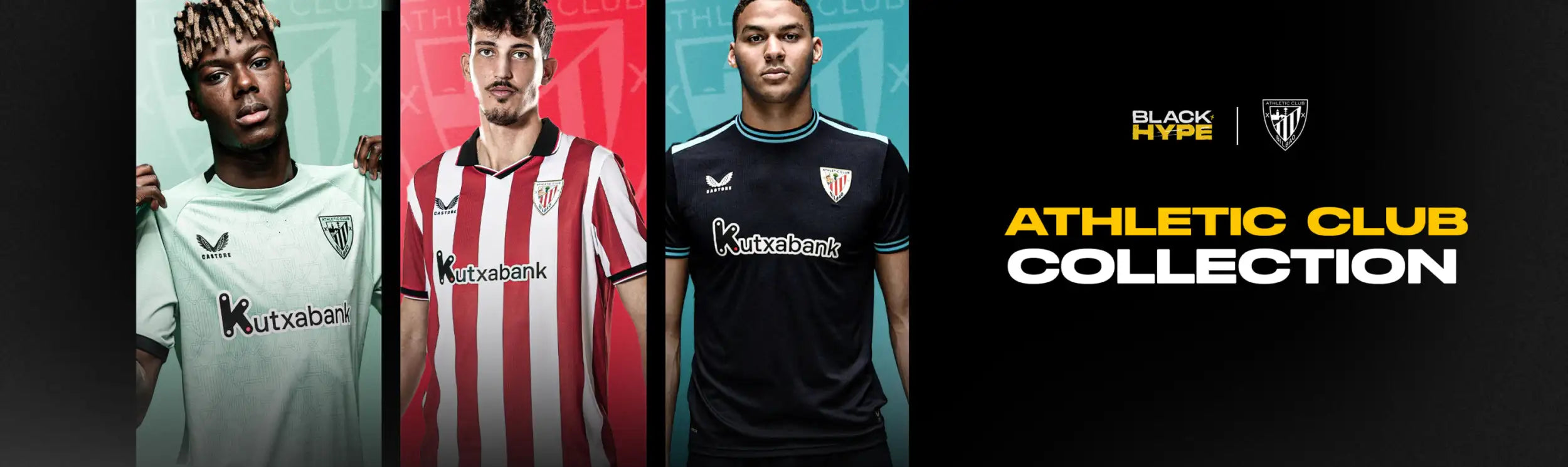 Athletic club football jerseys in white, red and black with vertical stripes or solid colors featuring the kutxabank sponsor logo.