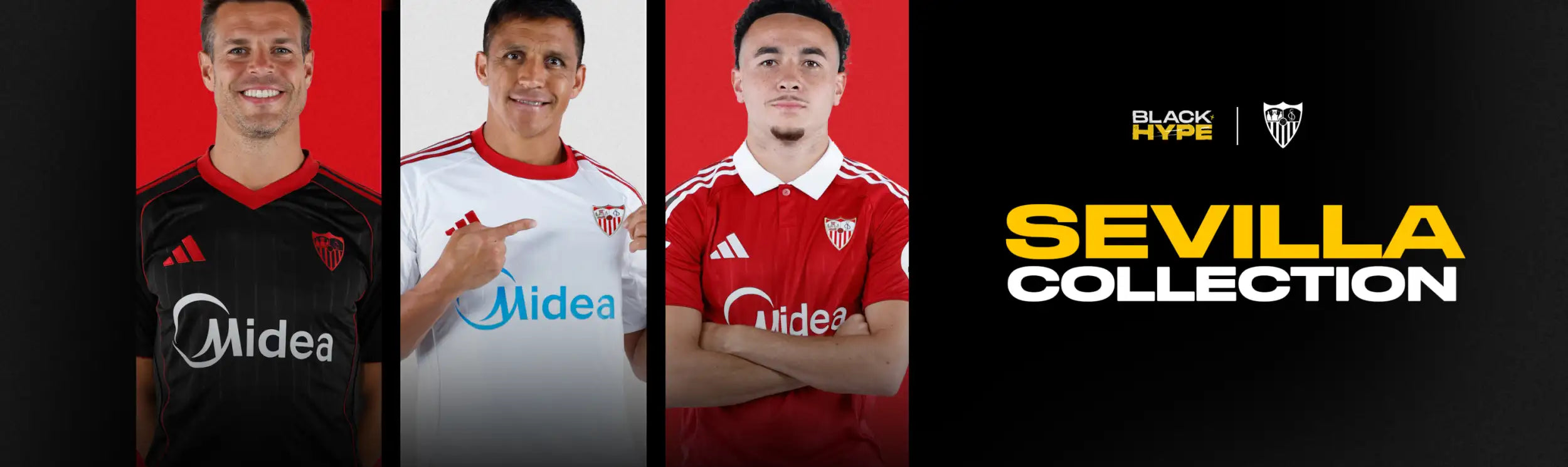 Black and red sevilla fc football jerseys with white trim, featuring the adidas logo and midea sponsor branding.