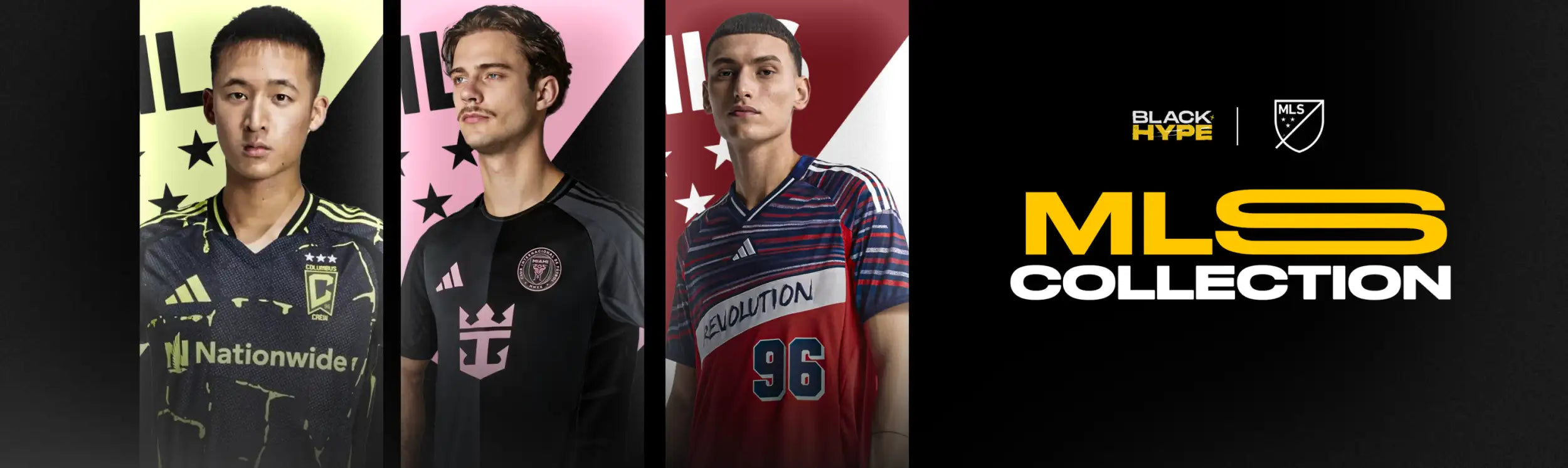 Black and red soccer jerseys with white and yellow accents, featuring the adidas logo and mls branding.