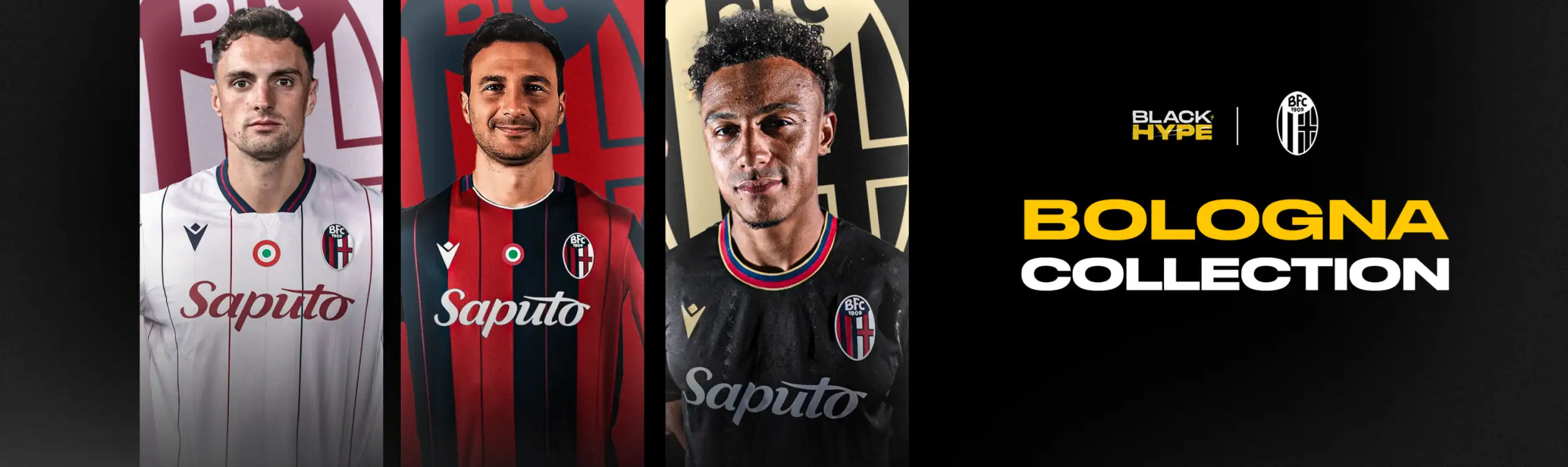 Bologna football jerseys in white, red and black with ’saputo’ branding.