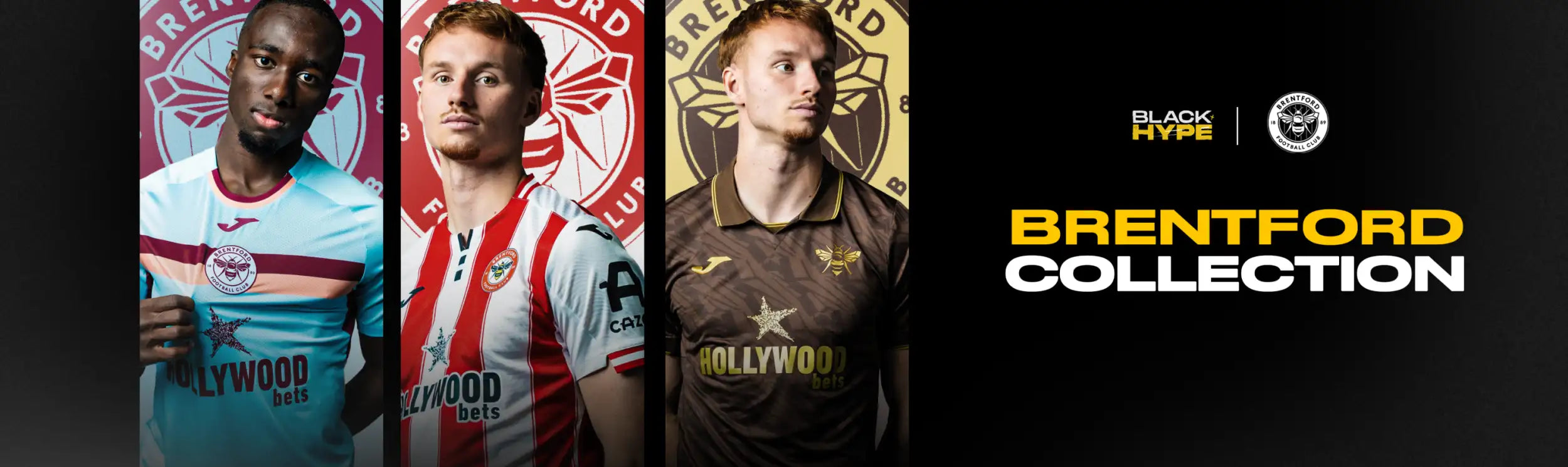 Brentford football club’s official home jersey, featuring a bold red and white striped design with black accents on the sleeves.