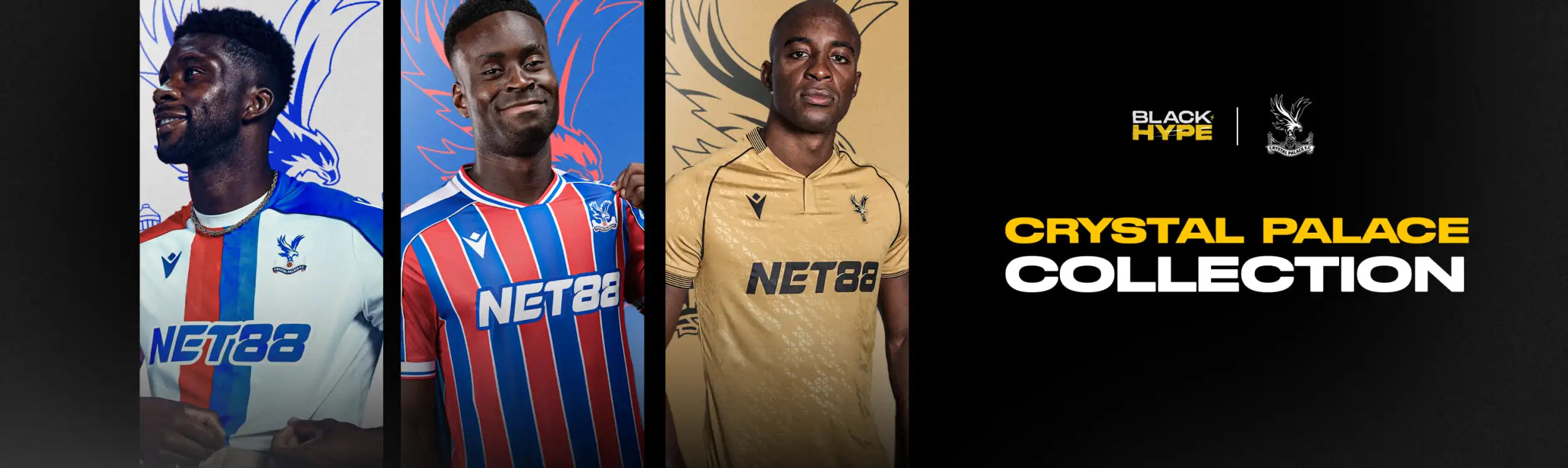 The crystal palace football jersey features bold vertical stripes in red, blue, and white with a gold variant option.