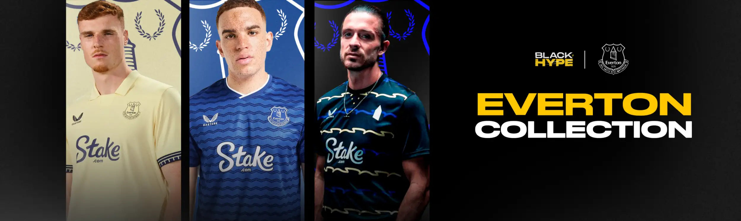 The everton collection soccer jerseys feature a sleek design with the club’s crest and ’stake’ sponsor logo, available in cream, royal blue, and dark navy.