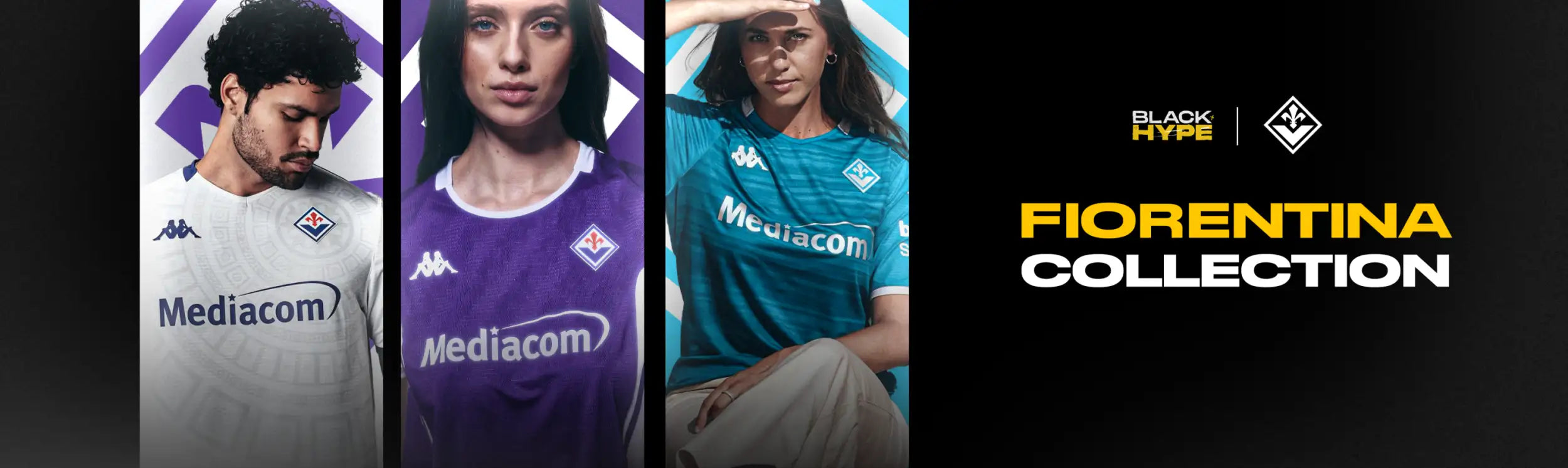 The fiorentina collection jerseys feature bold team colors—white, purple, and teal—with the kappa logo on the chest.