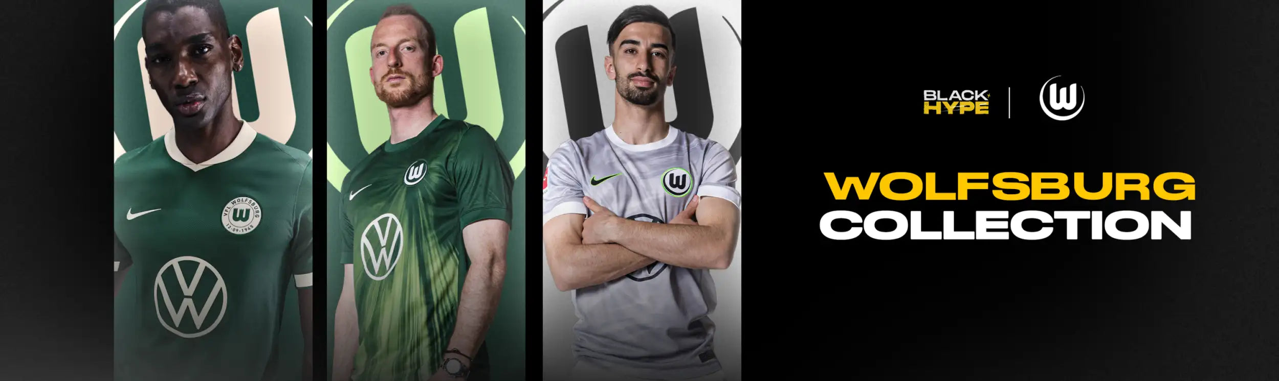 Green and white wolfsburg football jerseys featuring the volkswagen logo, nike branding, and a gradient design.