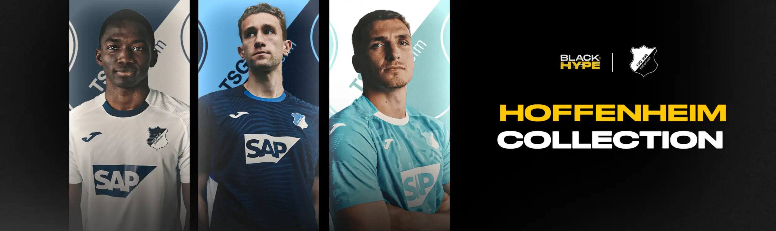 Hoffenheim football jerseys in white, navy blue, and light teal with sap branding.