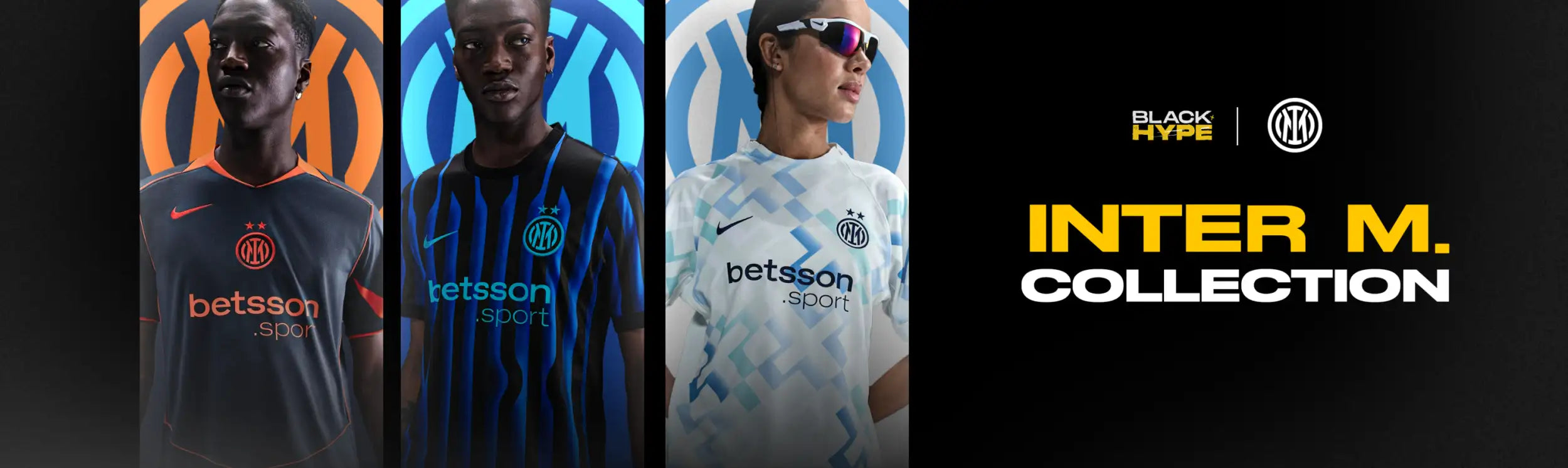 The inter milan x black hype collection features three distinct soccer jerseys: a dark gray one with orange accents, a bold blue striped design, and a white jersey adorned with abstract geometric patterns.