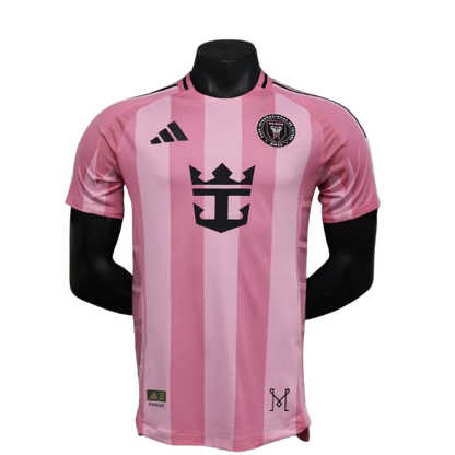 Pink white striped Inter Miami 25/26 home jersey with adidas crown emblem