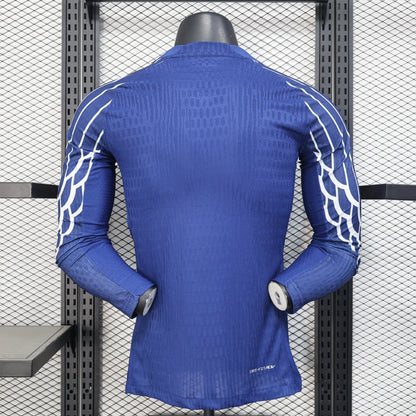 Back view of blue PSG 25/26 4th away jersey with white wing sleeves