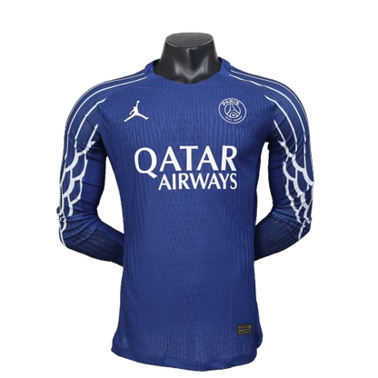 Blue PSG 25/26 4th away player jersey with Qatar Airways sponsor