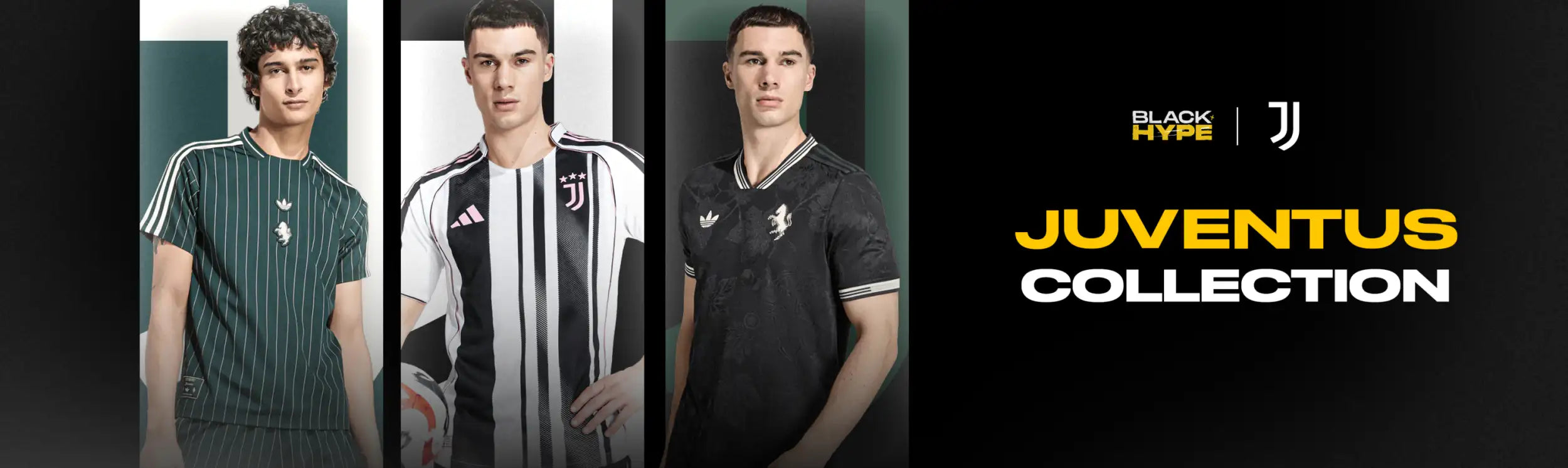 Juventus football jerseys in green, black and white stripes with adidas branding.