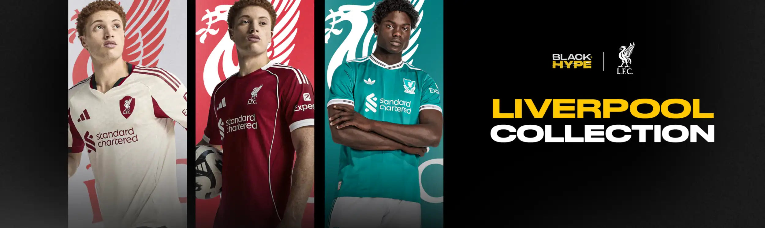 Liverpool football club’s official home, away, and third jerseys from the black hype collection.