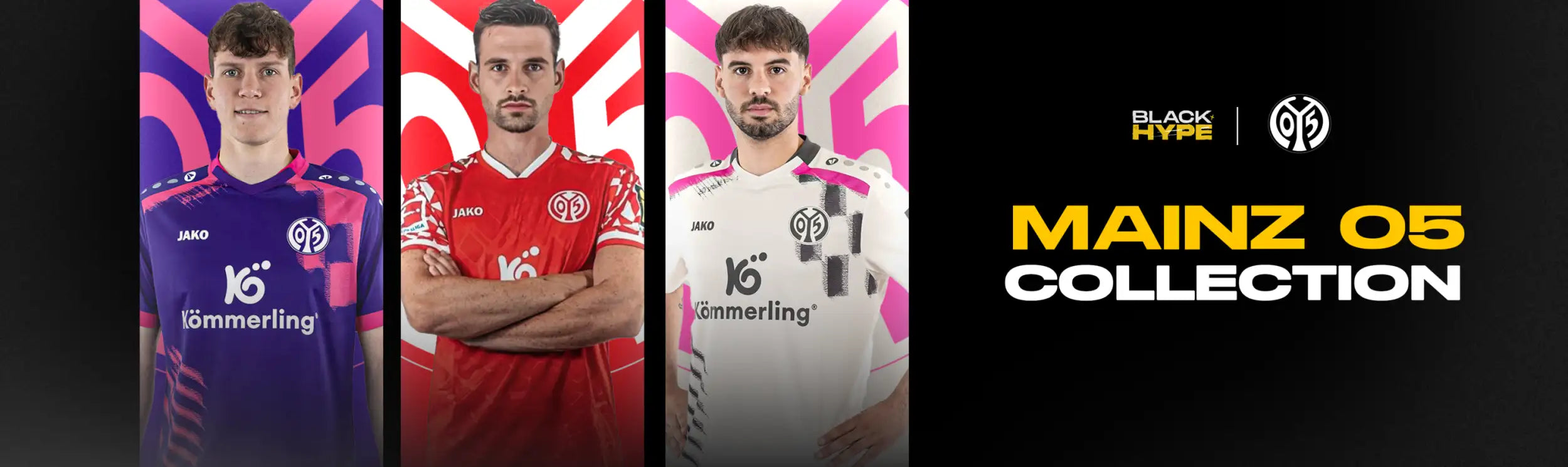 Mainz 05 football jerseys in purple, red, and white with black and pink geometric patterns.