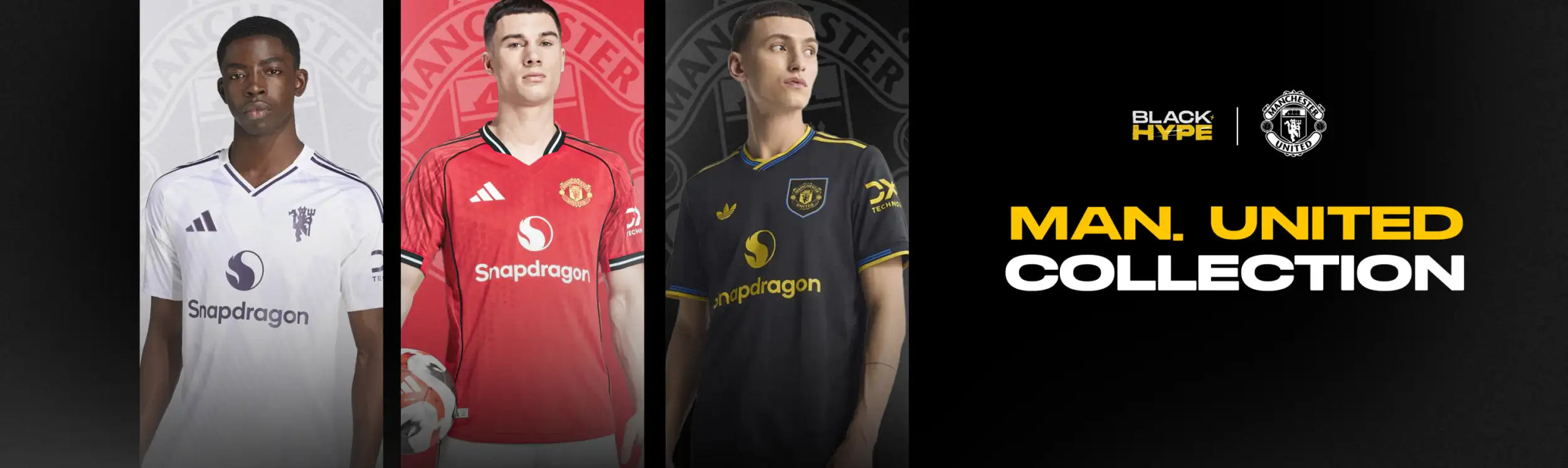 Manchester united football jerseys in white, red, and black with gold accents.