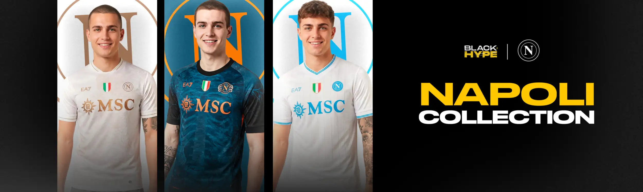 Napoli collection soccer jerseys in white, navy blue, and light blue with gold trim and msc logo.