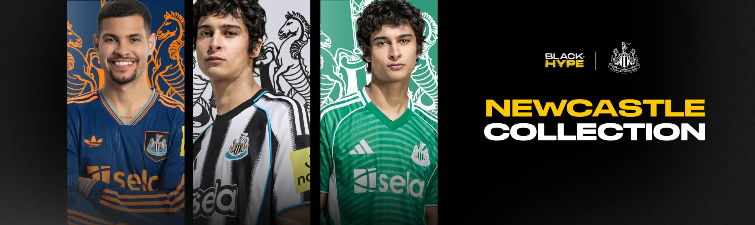 Newcastle united football jerseys in blue, black-and-white stripes, and green with adidas branding.