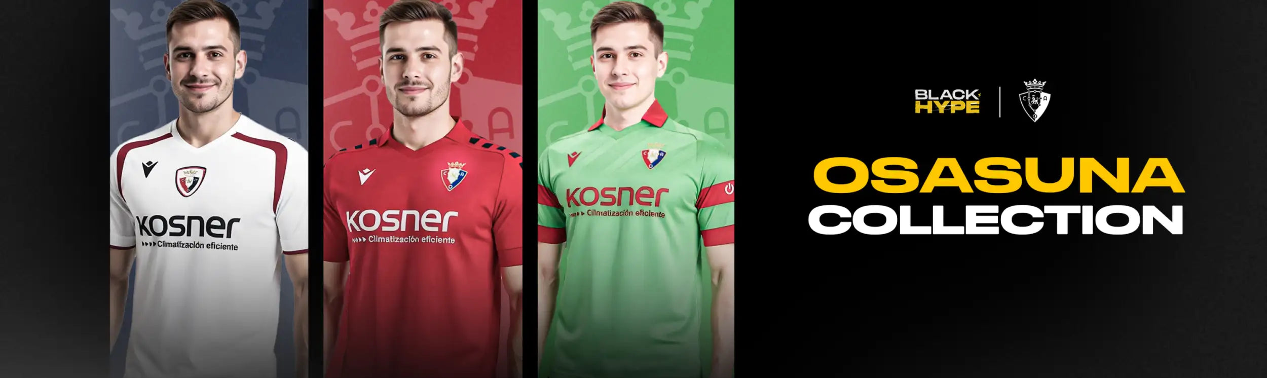 The osasuna collection soccer jerseys feature bold team colors—white, red, and green—with matching sleeve accents and the ’kosner’ sponsor logo prominently displayed across the chest.