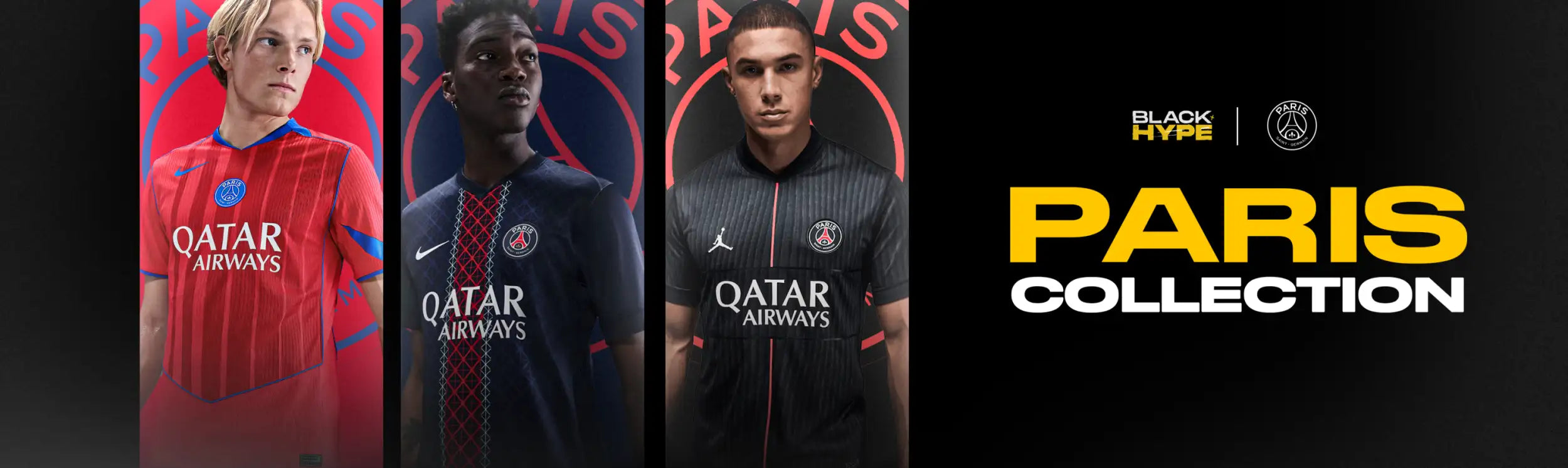 Paris saint-germain football jerseys in red, navy blue, and black with ’qatar airways’ sponsorship and nike or jordan branding.