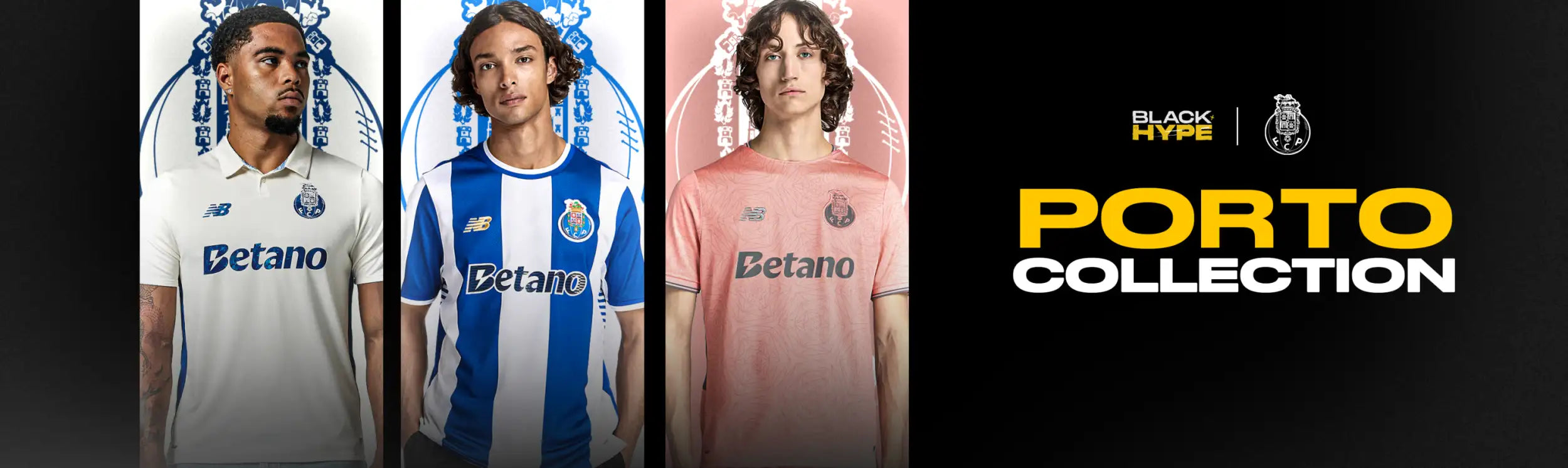 The porto collection soccer jerseys feature bold team colors and designs, with one in white, another in blue-and-white stripes, and a third in pink.