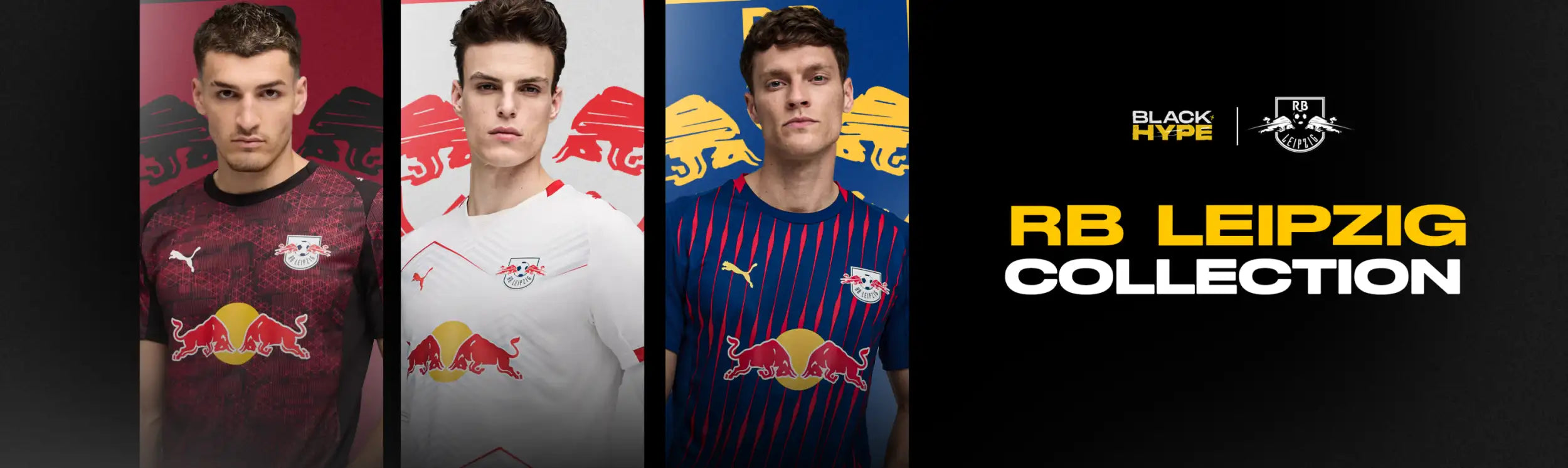 Rb leipzig football jerseys in maroon, white, and blue with red bull logos.