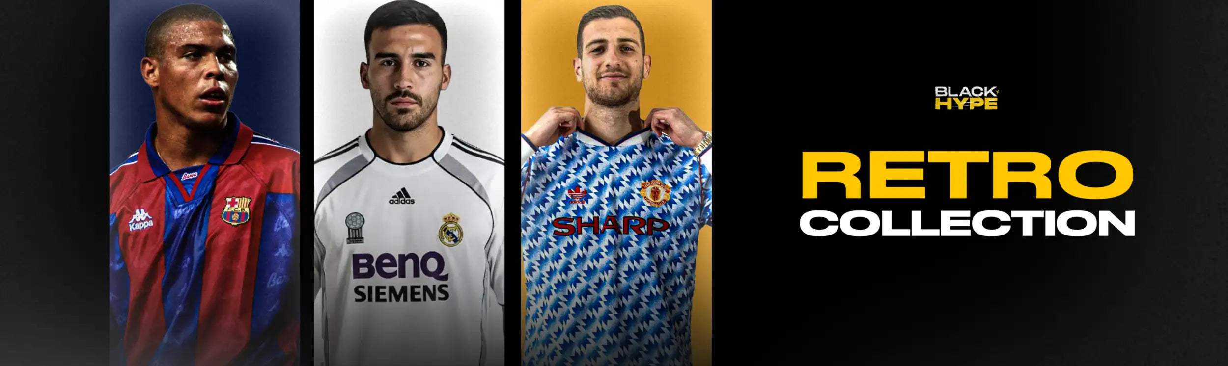 This is a retro football jersey collection featuring three iconic players in their respective team kits: the leftmost player wears a red and blue striped barcelona jersey with kappa branding, the center features a white real madrid jersey with adidas logo and benq siemens sponsorship